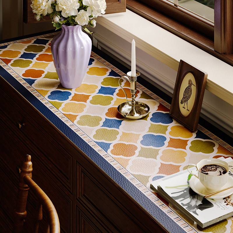 彩菱格美式复古餐边柜台面保护桌垫长条形装饰桌布防水电视机柜垫