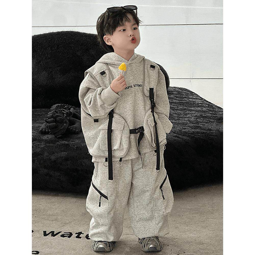 男童秋冬套装2025新款韩版中小童宝宝连帽卫衣工装裤马甲三件套潮