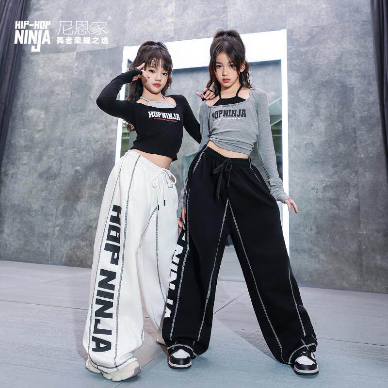 儿童街舞女童爵士舞服jazz假两件长袖表演出潮运动裤套装