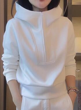 设计感百搭半拉炼连帽卫衣2025秋季新款大码胖mm休闲显瘦宽松上衣