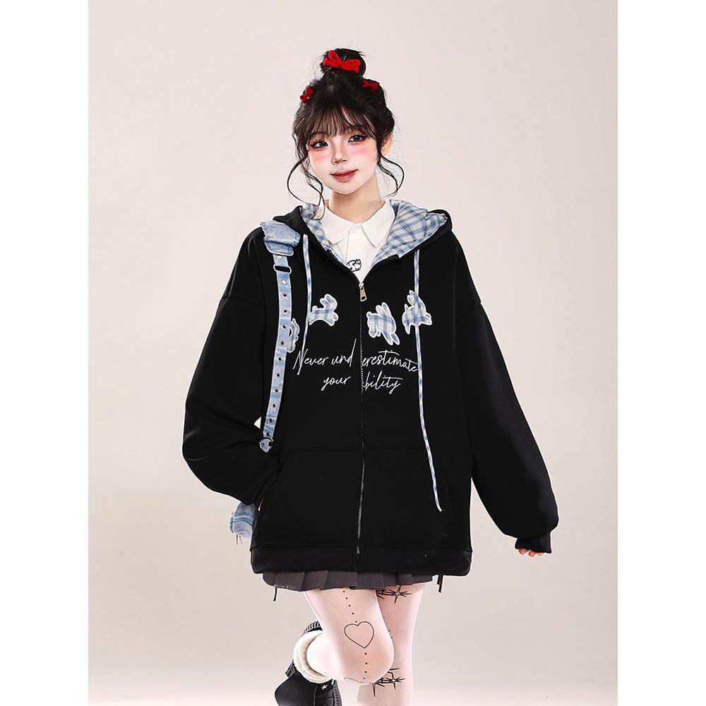 韩系慵懒风刺绣开衫连帽卫衣女秋季新款穿搭超火减龄宽松休闲外套