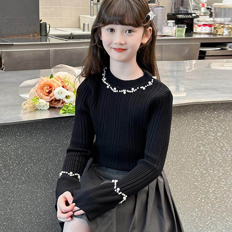 女童针织毛衣打底衫2025新款儿童中大儿童秋季一体绒黑色薄款内搭