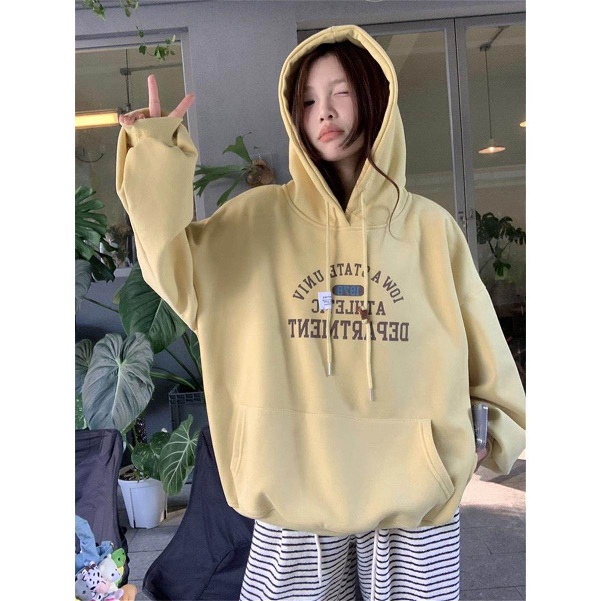 韩系慵懒风卫衣女连帽2024春秋冬新款爆款加绒加厚小个子宽松外套