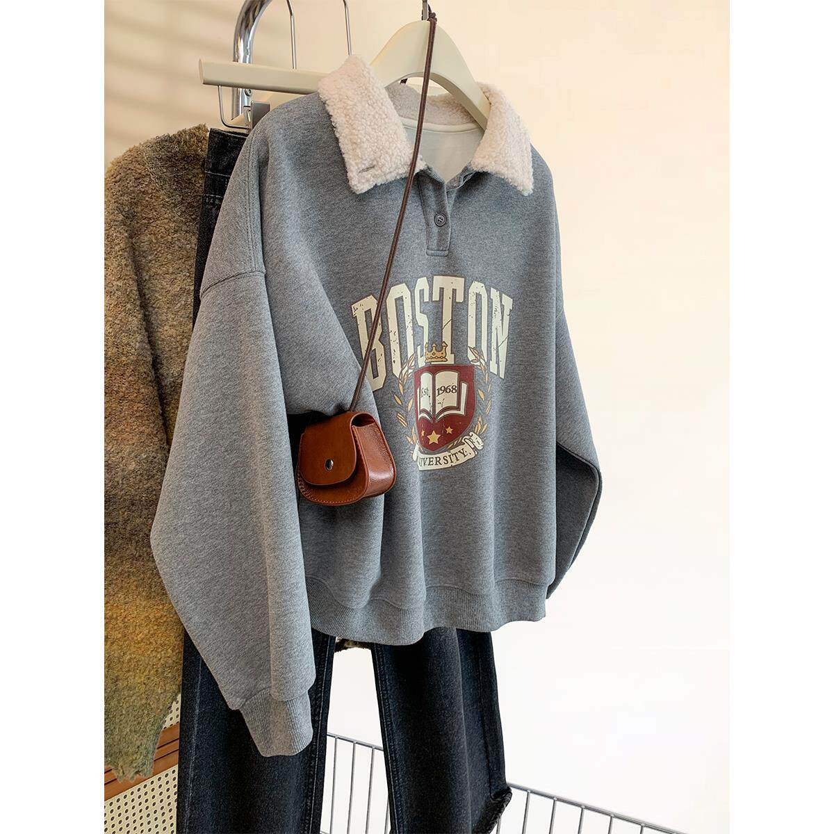 灰色翻领套头无帽加绒卫衣女秋冬2025新款学院风宽松加厚上衣冬季