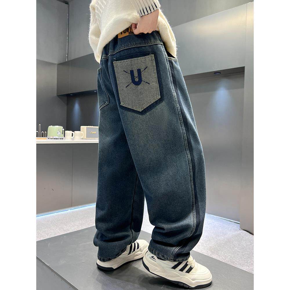 男童裤子春秋装2025新款儿童一体绒牛仔裤中大童男孩冬季加绒长裤