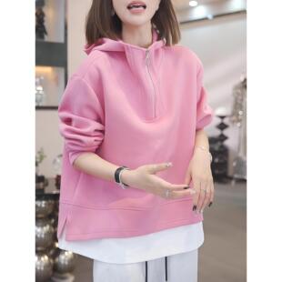 纯棉粉色假两件连帽卫衣女2025春秋新款宽松显瘦遮肉胖mm长袖上衣