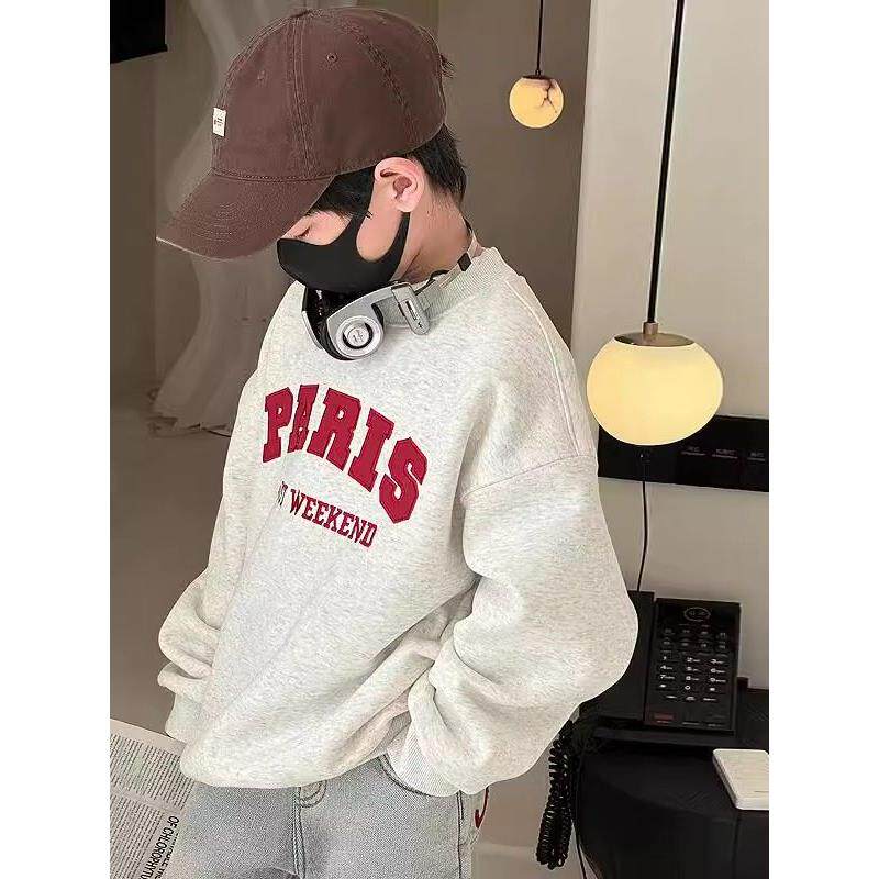 男童字母加绒卫衣秋冬季2024新款韩版痞帅中大童秋装儿童加厚上衣