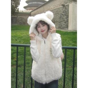 甜美可爱小熊耳朵羊羔绒毛衣马甲女秋冬外穿时髦洋气连帽保暖外套