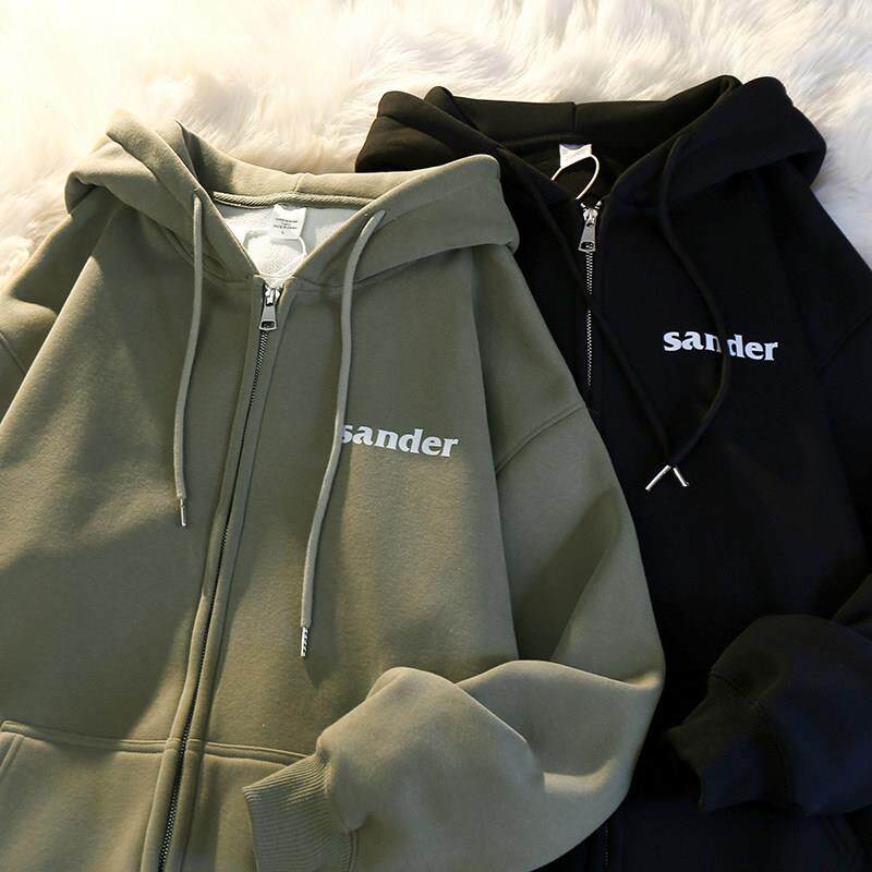 2024新款百搭简约秋冬慵懒风加绒加厚连帽卫衣外套女宽松拉链开衫