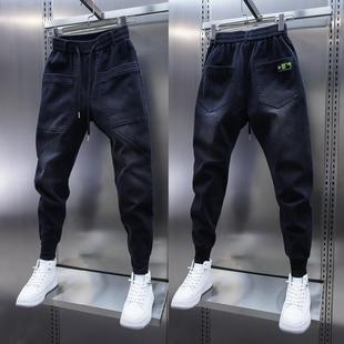 潮流男士黑灰色修身小脚牛仔裤弹力松紧腰束脚休闲裤百搭大口袋