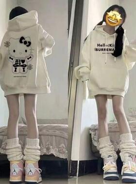 纯棉杏色hlkt猫咪图案连帽卫衣女大童2025新款秋冬加绒加厚外套