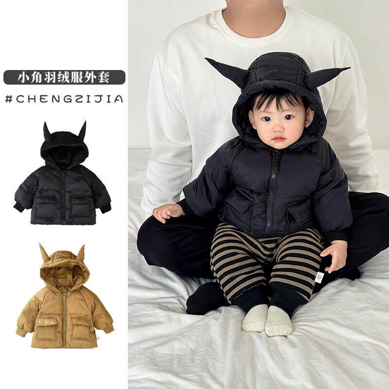 男童冬季羽绒服套装女宝宝可爱怪兽连帽保暖外套婴儿加绒加厚棉裤