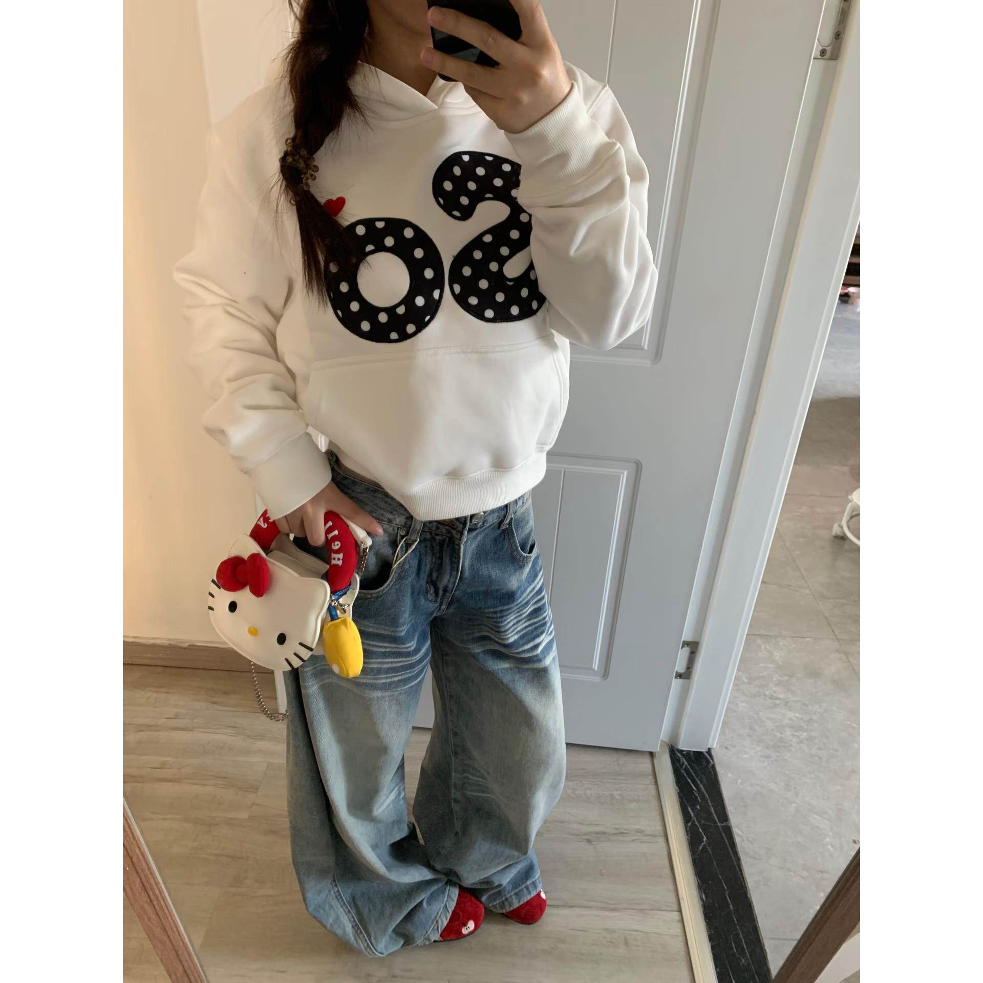 美式重磅连帽加绒短款卫衣女秋冬慵懒风波点字母刺绣贴布百搭上衣