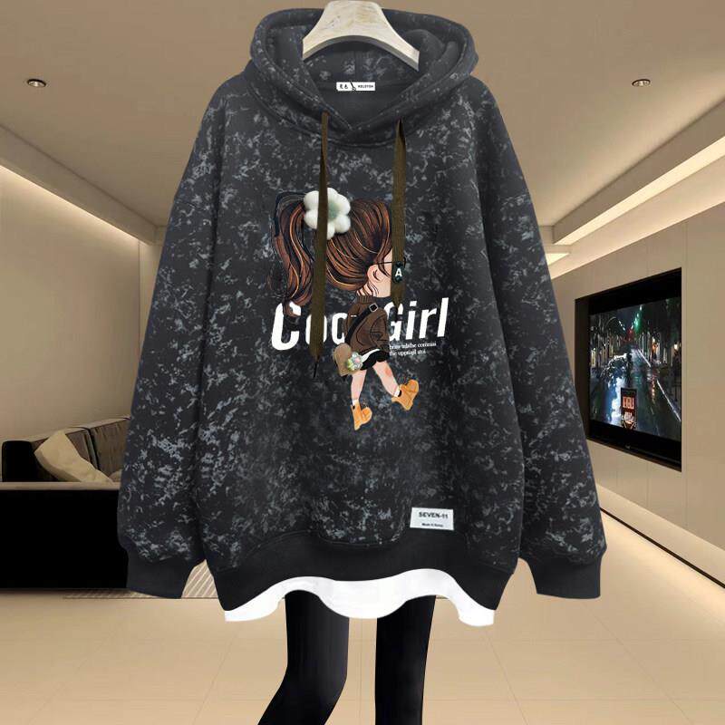 连帽卫衣女2025秋冬新款中长款假两件遮屁股加绒加厚宽松上衣外套