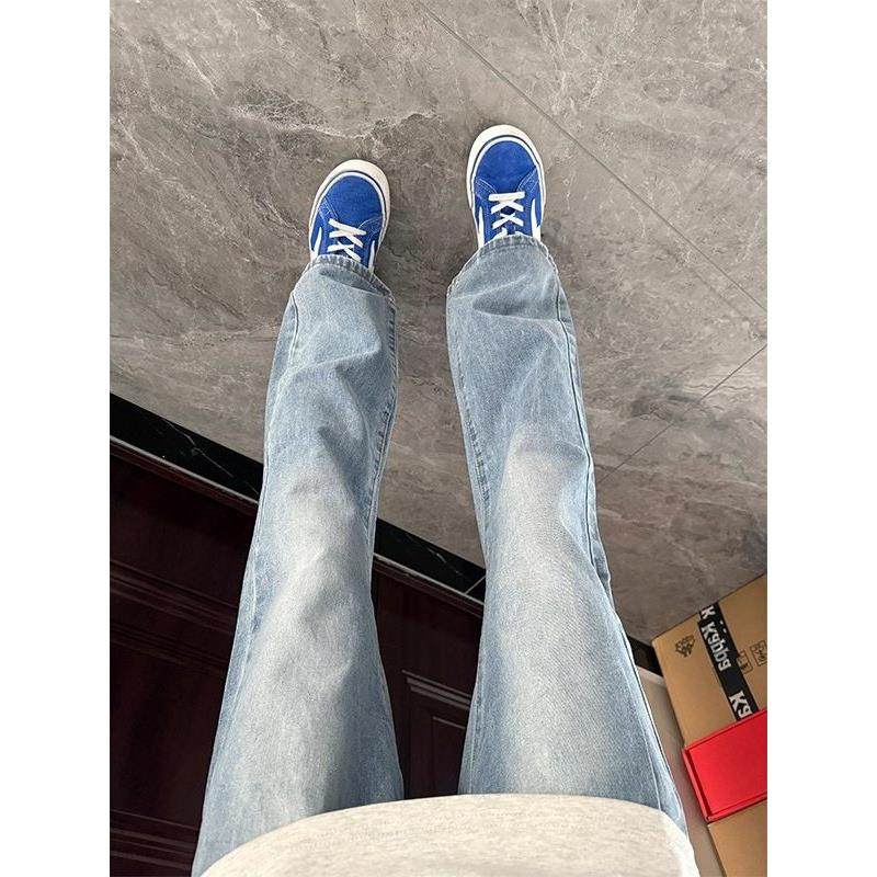 浅蓝色窄版弯刀牛仔裤男款秋季美式高街vibe裤子显瘦直筒微喇长裤