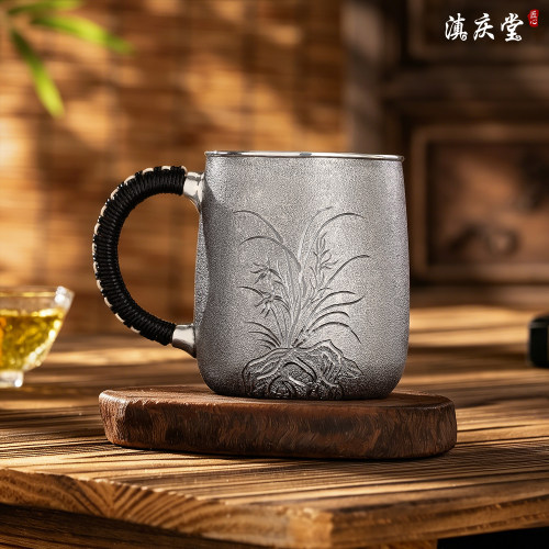 滇庆堂999纯银麻纹兰花口缸水杯
