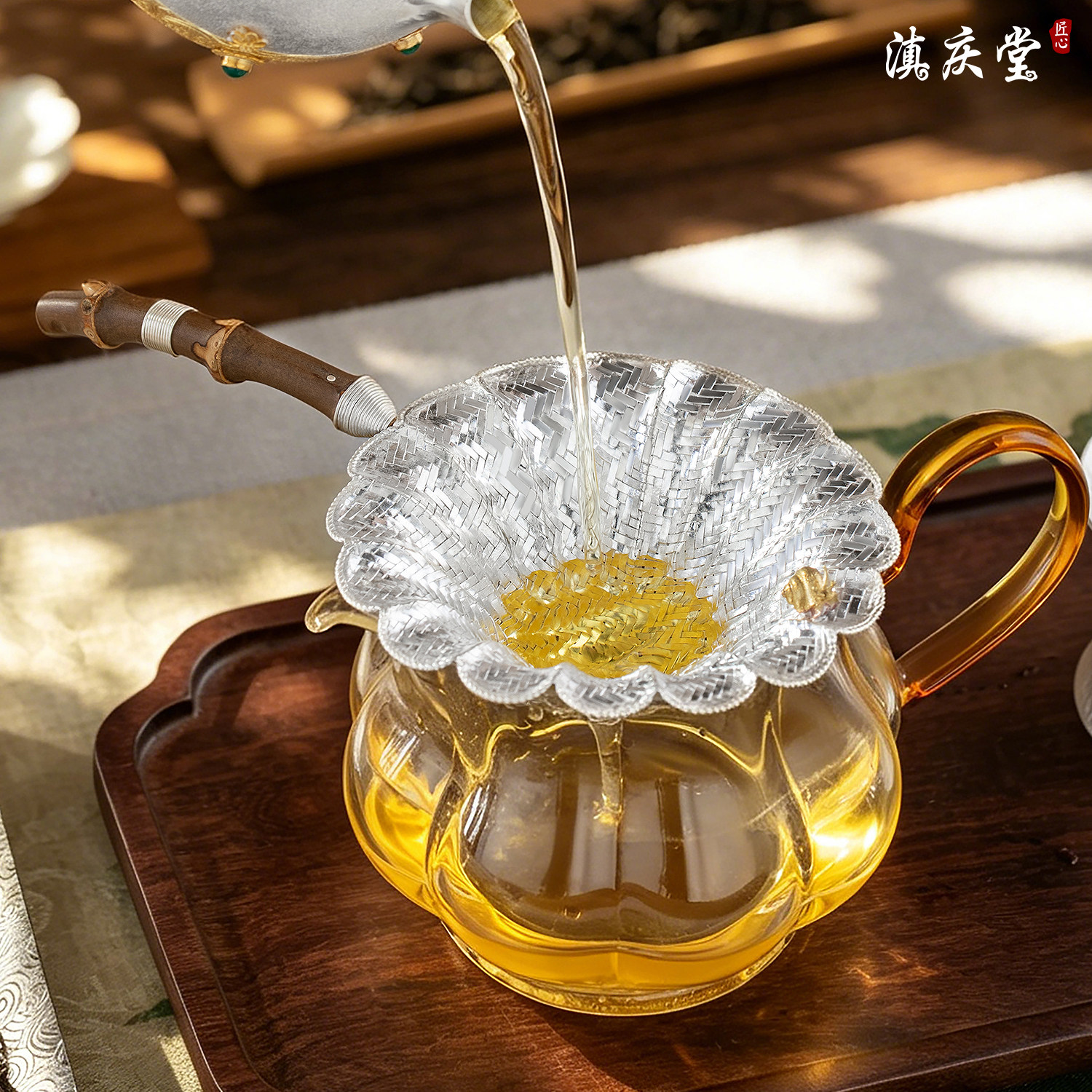 滇庆堂 鹤庆手工999纯银蜗牛编织木柄茶漏足银茶叶滤网中式茶具