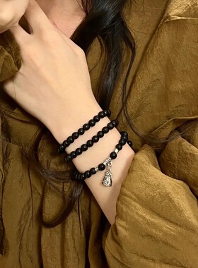 新中式天然黑檀木藏银三圈手链复古福袋古风木质佛珠手串锁骨项链