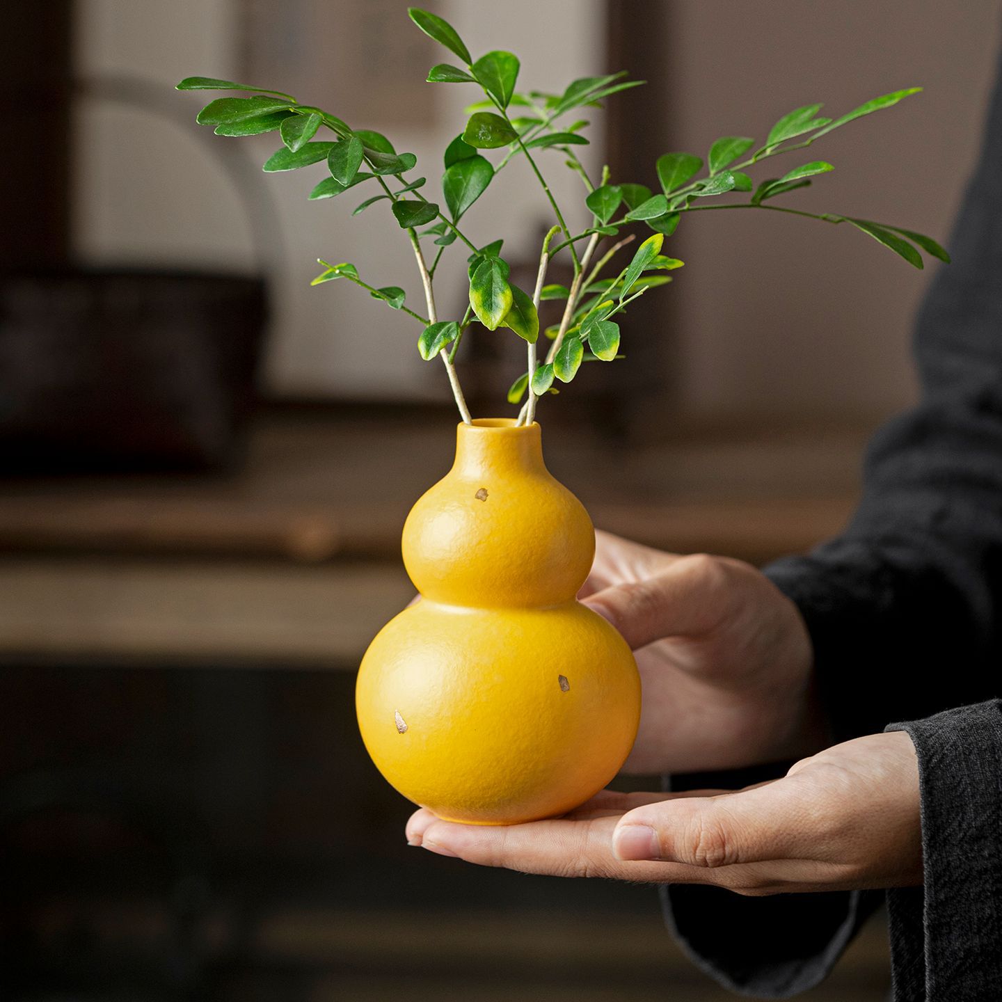 柠檬黄洒金葫芦小花插陶瓷招财花瓶茶室茶桌装饰摆件花器插花中式