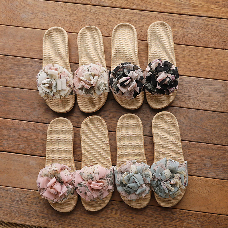 春夏新款现货厚底家居拖鞋软底室内透气棉麻凉拖鞋花朵亚麻拖鞋女