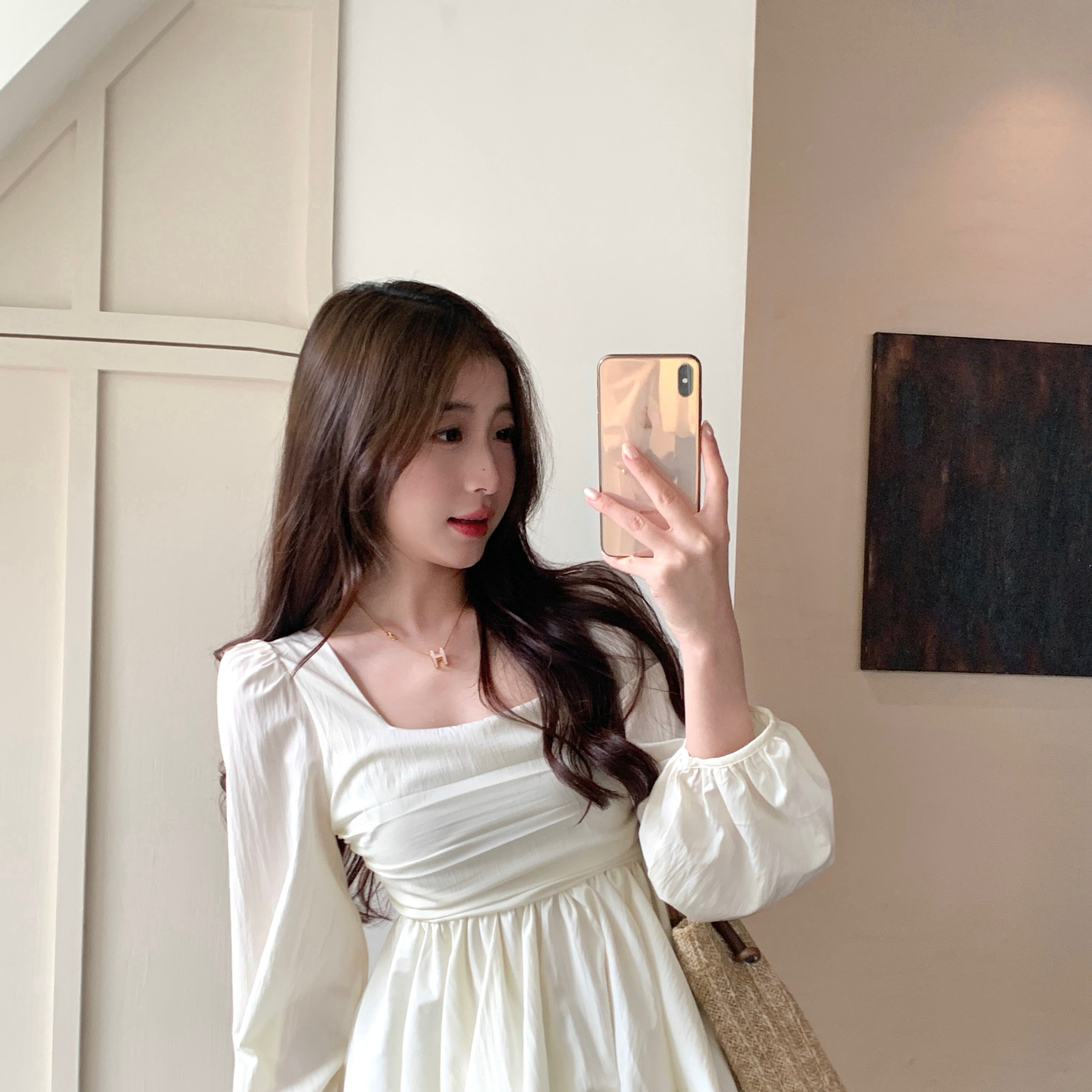 实拍～大码秋季新款韩版设计感方领修身遮肚显瘦高级感衬衫上衣