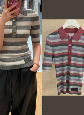 2025秋冬GA~学院风灰色条纹修身休闲polo衫短袖T恤针织衫上衣女