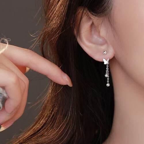 蝴蝶流苏长款耳钉耳环女S925银