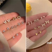 新款 简约爱心蝴蝶结珍珠耳环小巧百搭耳饰 少女心温柔珍珠耳钉套装