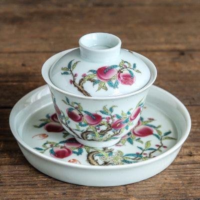 仿古盖碗陶瓷功夫茶具泡茶碗青花瓷敬茶碗三才盖碗九桃盖碗茶杯子