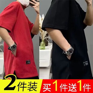 上衣服 短袖 t恤男夏季 ins潮流大口袋休闲体恤青少年薄款 宽松五分袖