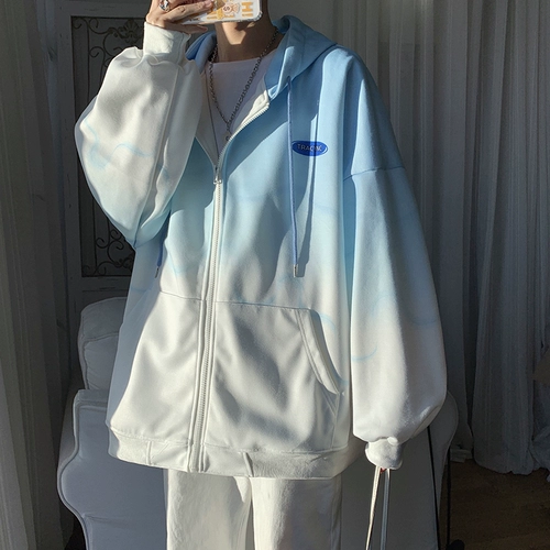 Демисезонная толстовка с капюшоном, спортивный утепленный лонгслив для отдыха, мужская куртка с молнией, оверсайз, градиент