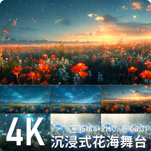 星空晨曦蓝橙花海与蓝紫花丛梦幻流光闪耀高清动态背景视频素材