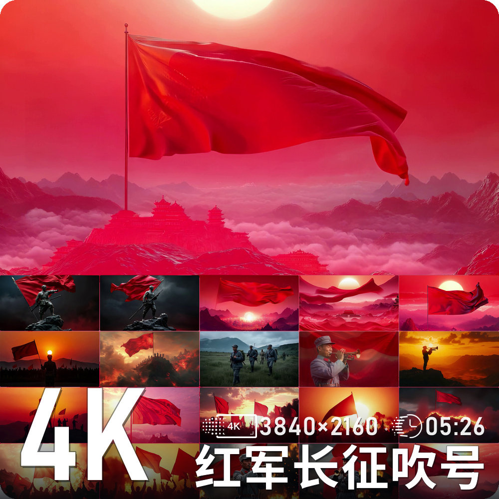 红军长征吹号红旗飘扬山地行军壮阔火红天空高清动态背景视频素材