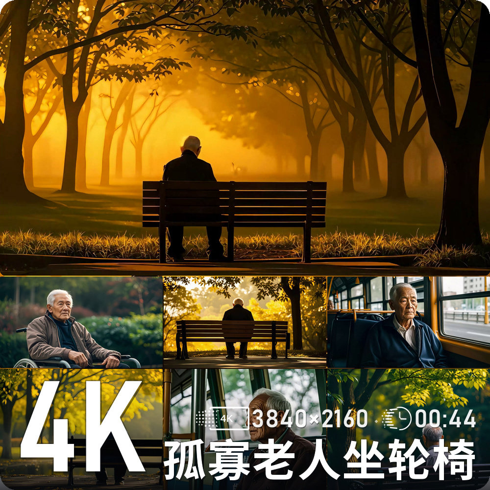秋日公园里孤寡老人轮椅独坐长椅沉思背影高清动态背景视频素材