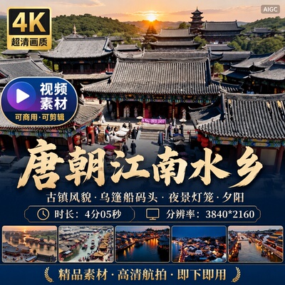 高清唐朝江南水乡古镇风貌航拍乌篷船码头夜景灯笼夕阳视频素材