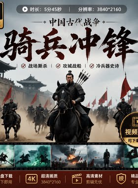 高清4K中国古代战争战场冷兵器骑兵冲锋攻城战船厮杀史诗视频素材