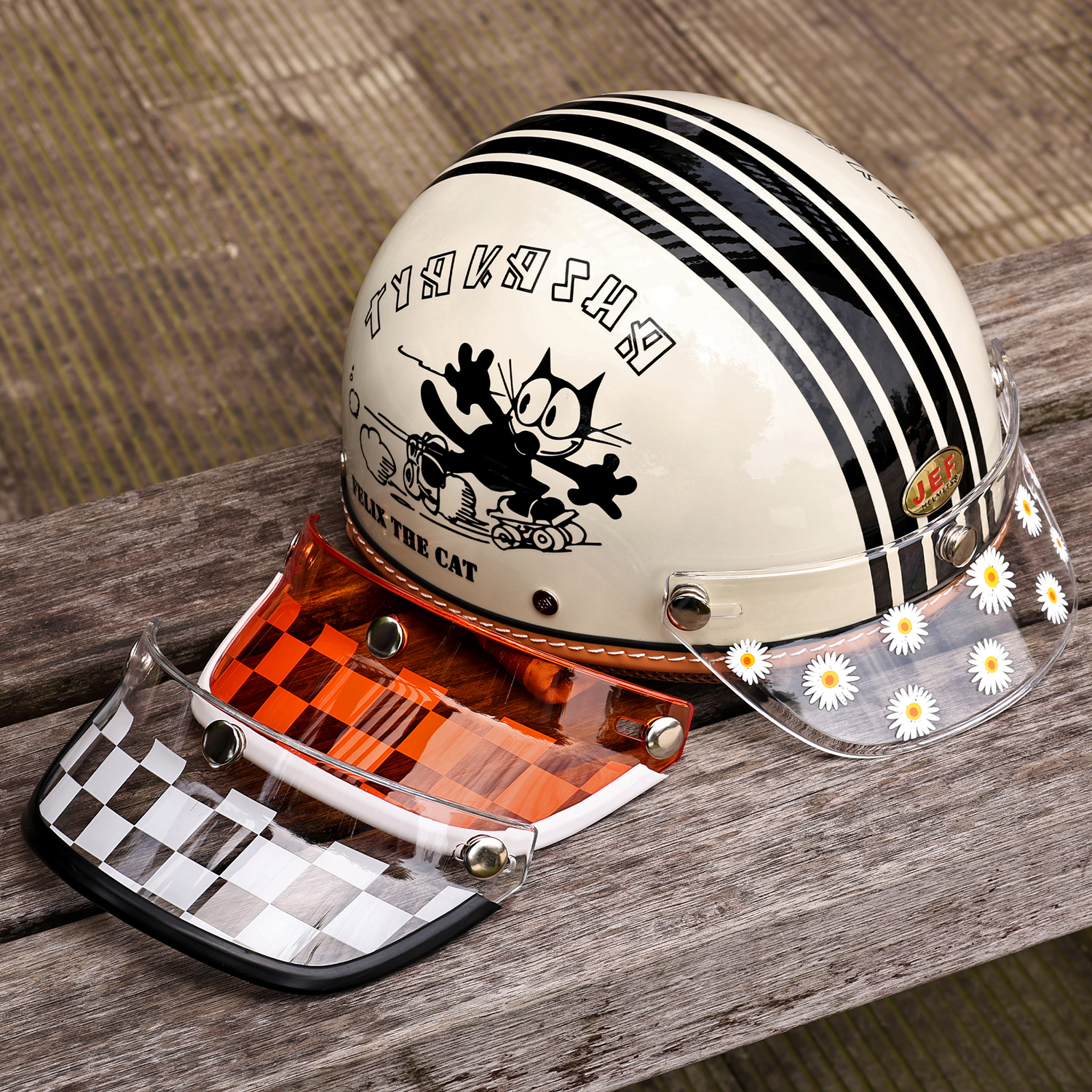 台湾头盔帽檐复古三扣式半盔小盔体通用雏菊帽沿加装棋格遮阳帽舌