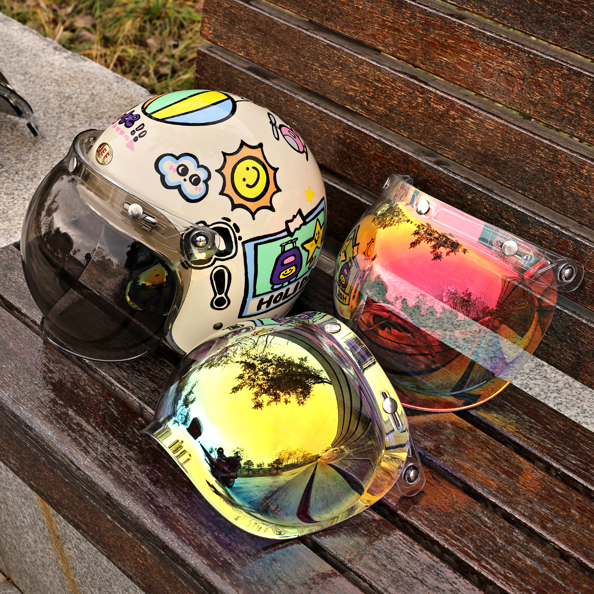 台湾JEF摩托车头盔泡泡镜复古防晒防紫外线挡风沙镜片三扣式通用