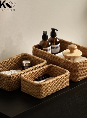 复古藤编桌面收纳盒长方形化妆品整理盒茶几杂物置物篮收纳筐摆件