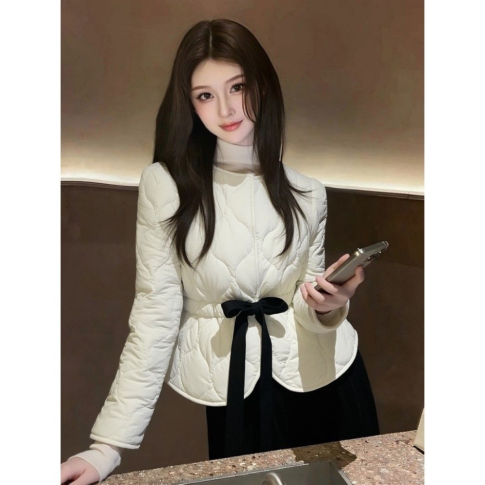 2025新款今年流行爆款轻薄小羽绒服白色蝴蝶结收腰棉服外套女冬季