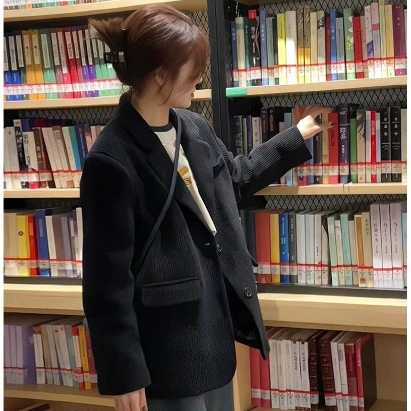 ovsize小个子高级设计感灯芯绒黑色小西装覆古港风春秋休闲 外套