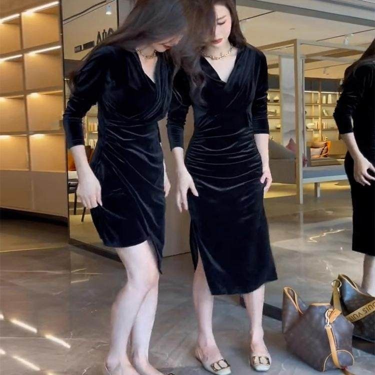 欧洲站秋装女款2025年新款年会礼服黑色赫本风气质金丝绒洋装子