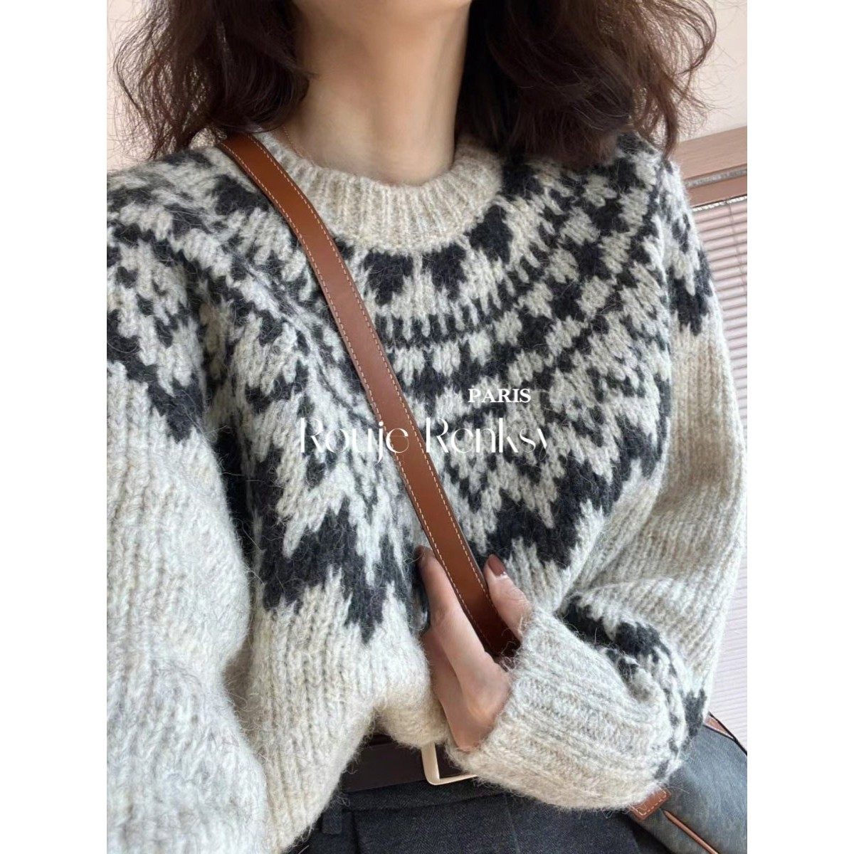 法国Rouje Renksy法式覆古慵懒风提花撞色毛衣针织衫宽松百搭女,女装/女士精品,大码内搭,淘宝优惠券,粉丝福利购,淘宝优惠卷