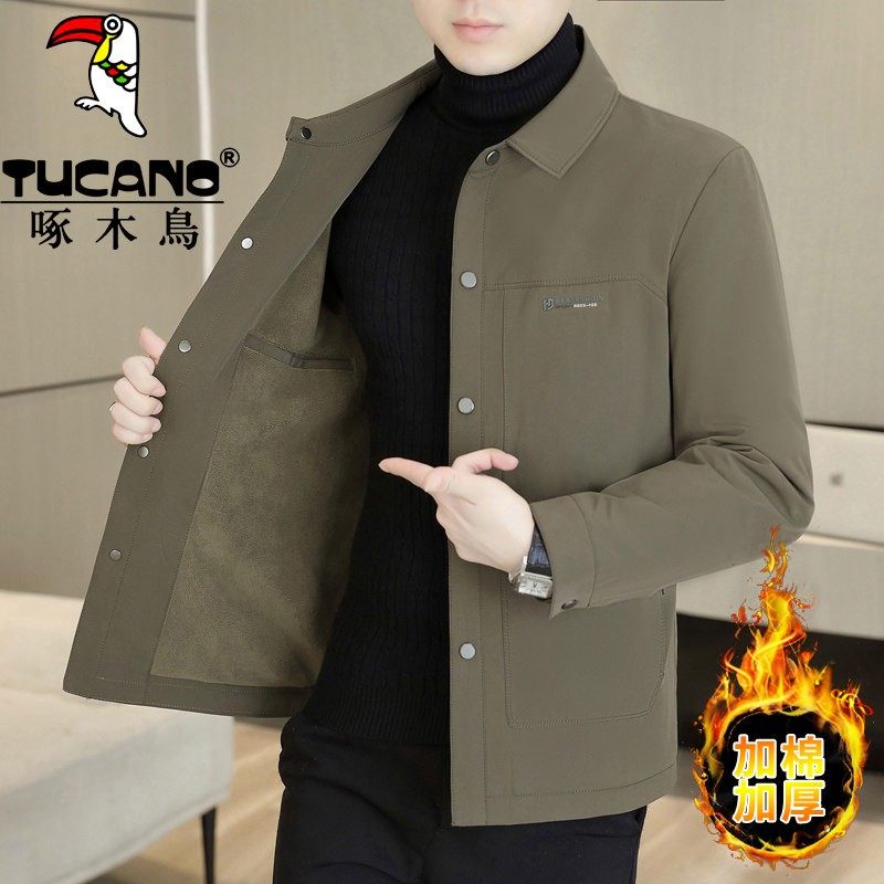 啄木鸟加绒加厚款翻领夹克男士青年高级感休闲百搭棉衣外套男冬季