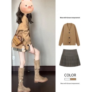 日本代购韩春秋学院风穿搭一整套女法式毛衣半身裙小个子两件套