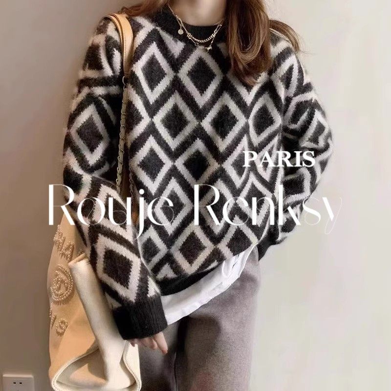 法国Rouje Renksy法式菱格长袖毛衣女秋冬宽松外穿打底针织衫上衣