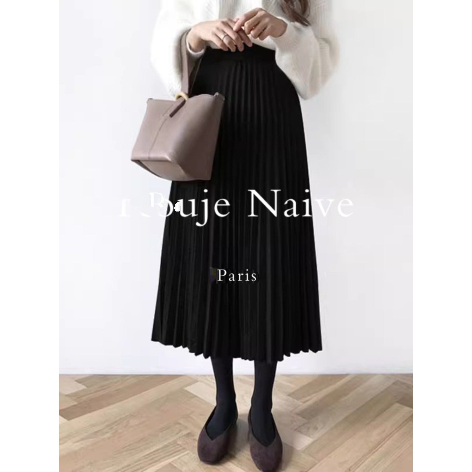 Rouje Naive黑色覆古高腰显瘦毛呢百褶裙2025秋冬中长款a字半身裙