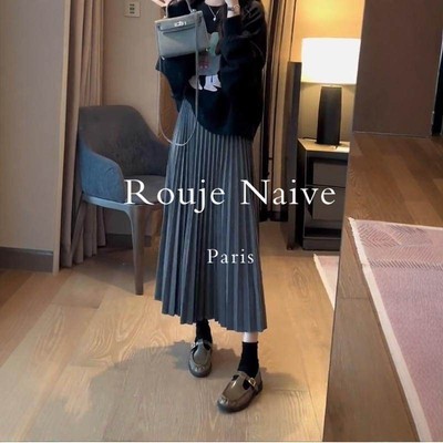 Rouje Naive加厚毛呢半身裙百褶2025秋冬高腰显瘦气质百搭A字长裙
