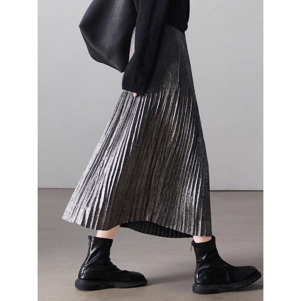 柔耶朴素三宅重工压褶银裙春秋女新款打褶松紧腰a字裙