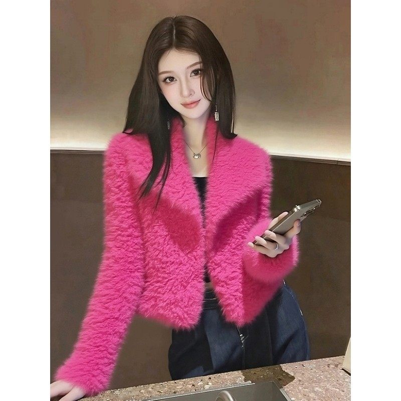 多巴胺超好看时髦洋气加厚保暖上衣玫红色羊羔毛外套女2025新款冬